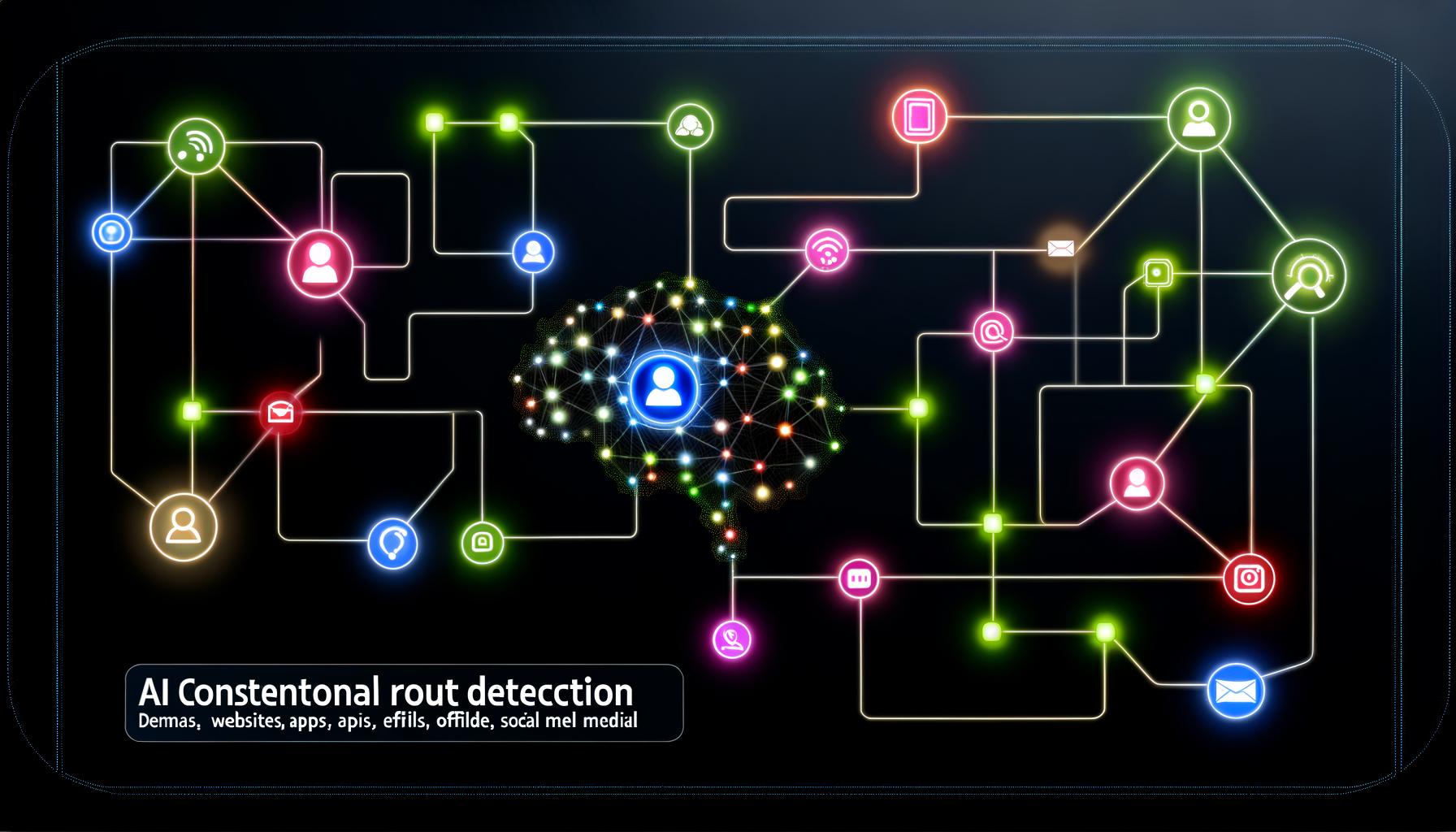 Leuchtendes neuronales Netzwerk mit farbigen Touchpoints und Nutzerverbindungen auf dunklem Hintergrund, Titel AI Contextual Route Detection.