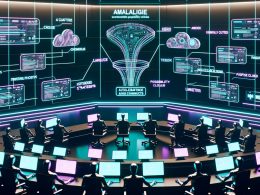 Modernes Marketingbüro 2025 mit Marketers, die an Laptops arbeiten, KI-generierten Texten, automatisierten Social-Media-Posts und digitalen Dashboards mit Performance-Daten.