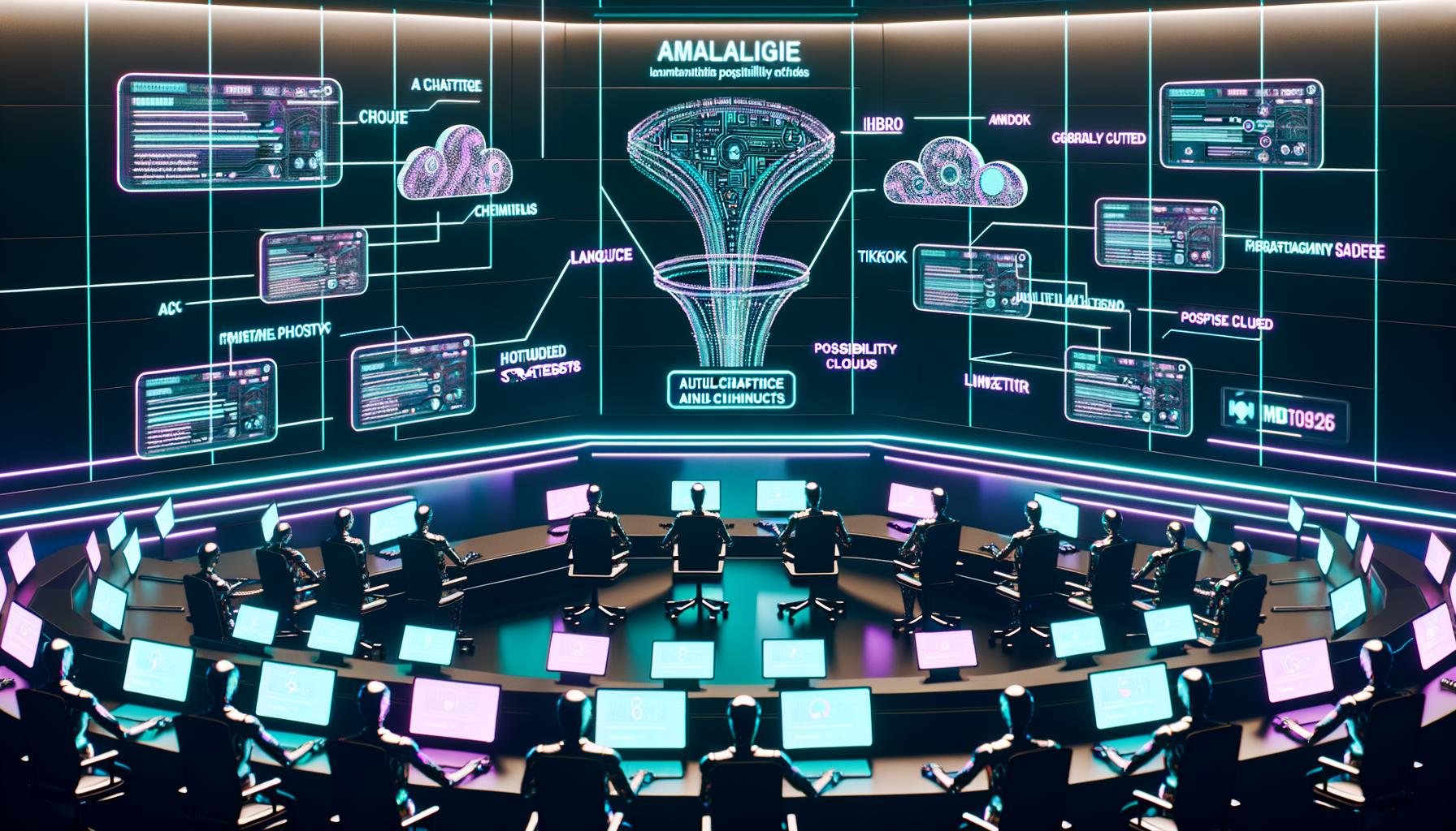 Modernes Marketingbüro 2025 mit Marketers, die an Laptops arbeiten, KI-generierten Texten, automatisierten Social-Media-Posts und digitalen Dashboards mit Performance-Daten.