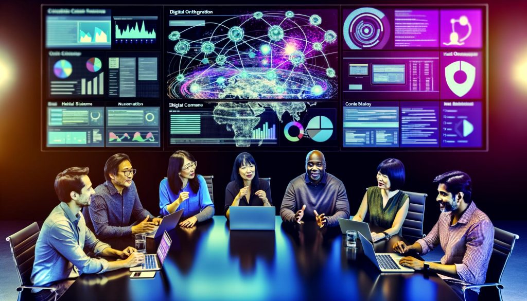 Modernes, diverses Team diskutiert an einem digitalen Konferenztisch mit interaktiven Bildschirmen, Dashboards und Icons für API, CDN und Headless CMS – Sinnbild für eine visionäre Content-Strategie.