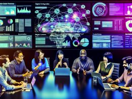 Modernes, diverses Team diskutiert an einem digitalen Konferenztisch mit interaktiven Bildschirmen, Dashboards und Icons für API, CDN und Headless CMS – Sinnbild für eine visionäre Content-Strategie.