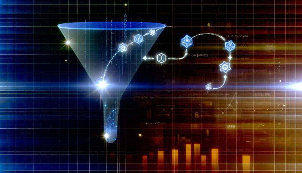Abstraktes Titelbild mit stilisiertem leuchtenden Sales-Funnel, digitalen Datenströmen, KI-Icons und technoiden Heatmaps im Hintergrund.