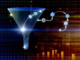 Abstraktes Titelbild mit stilisiertem leuchtenden Sales-Funnel, digitalen Datenströmen, KI-Icons und technoiden Heatmaps im Hintergrund.