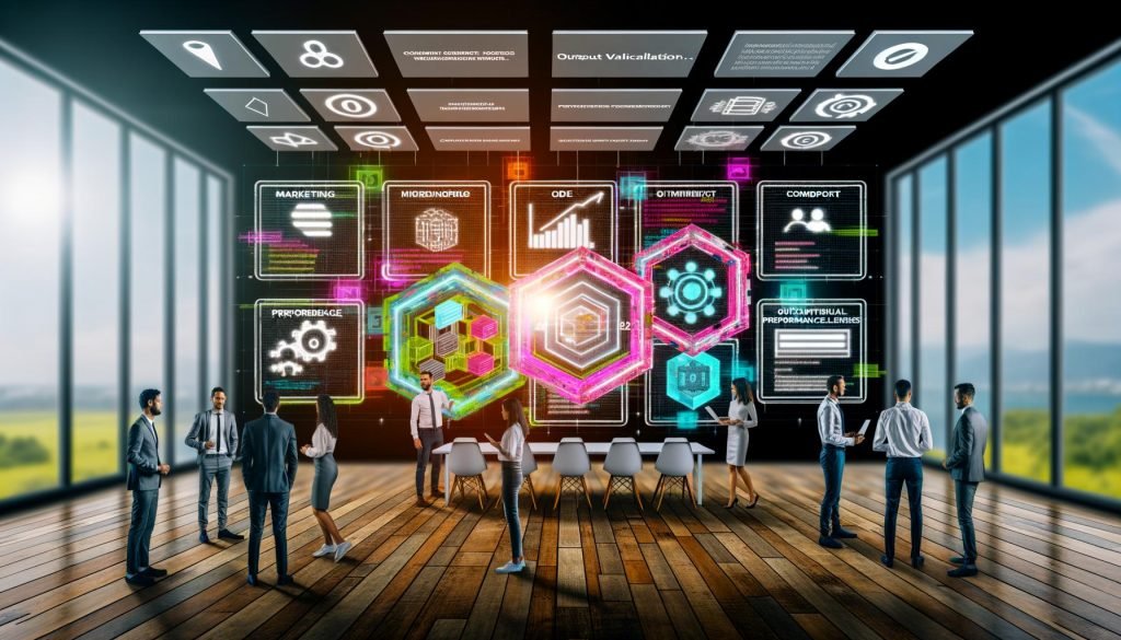 Futuristischer Arbeitsplatz mit Marketing- und Technikexperten vor digitalem Whiteboard, umgeben von Framework-Grafiken, KPI-Dashboards und modernen KI-Symbolen.