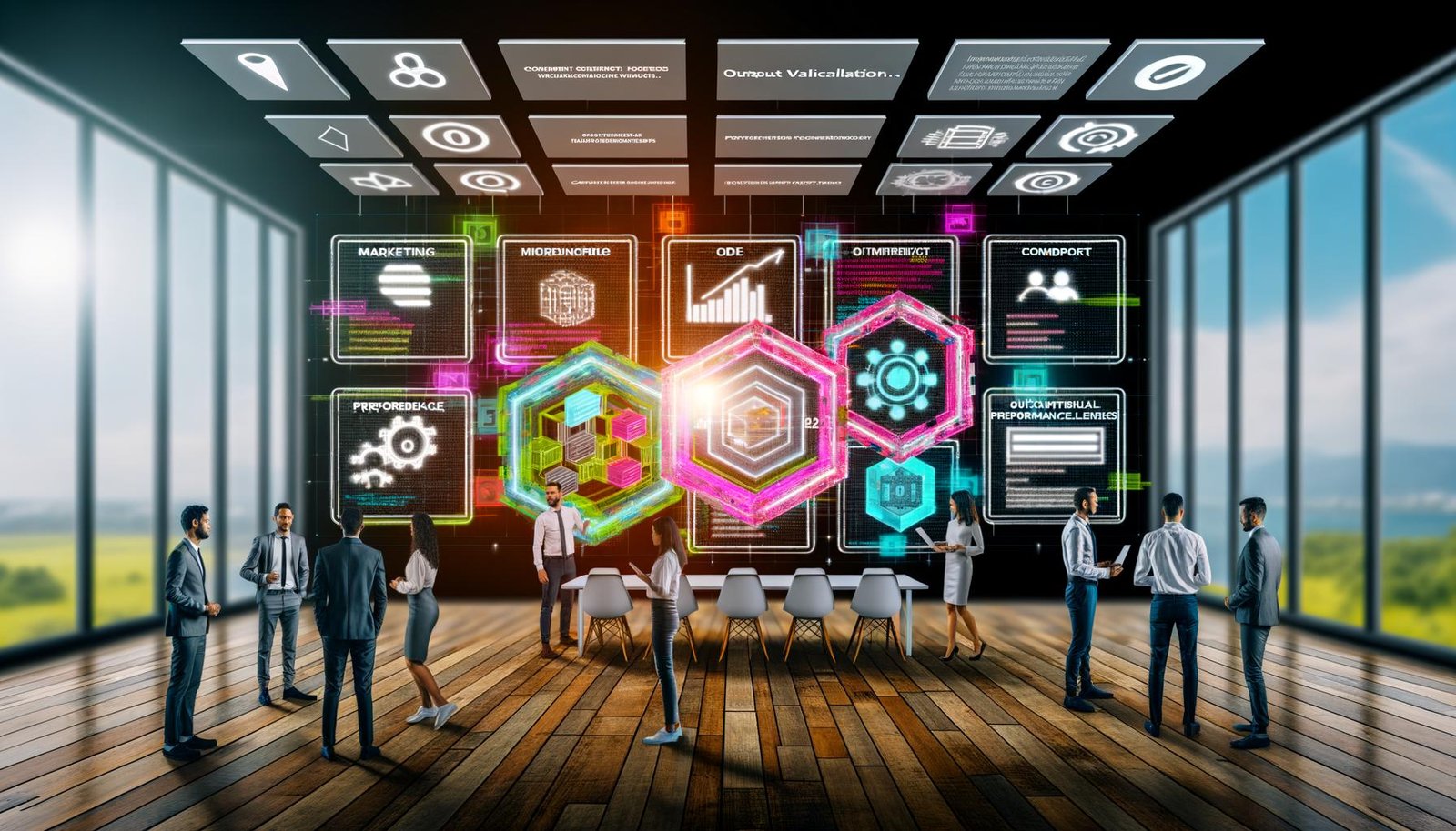 Futuristischer Arbeitsplatz mit Marketing- und Technikexperten vor digitalem Whiteboard, umgeben von Framework-Grafiken, KPI-Dashboards und modernen KI-Symbolen.