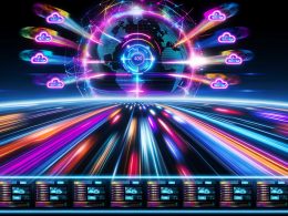 Futuristische digitale Datenautobahn mit leuchtenden Datenströmen, vernetztem Kontrollzentrum und globalen Nutzern auf unterschiedlichen Geräten; Symbol für moderne Content Delivery und Sicherheit.