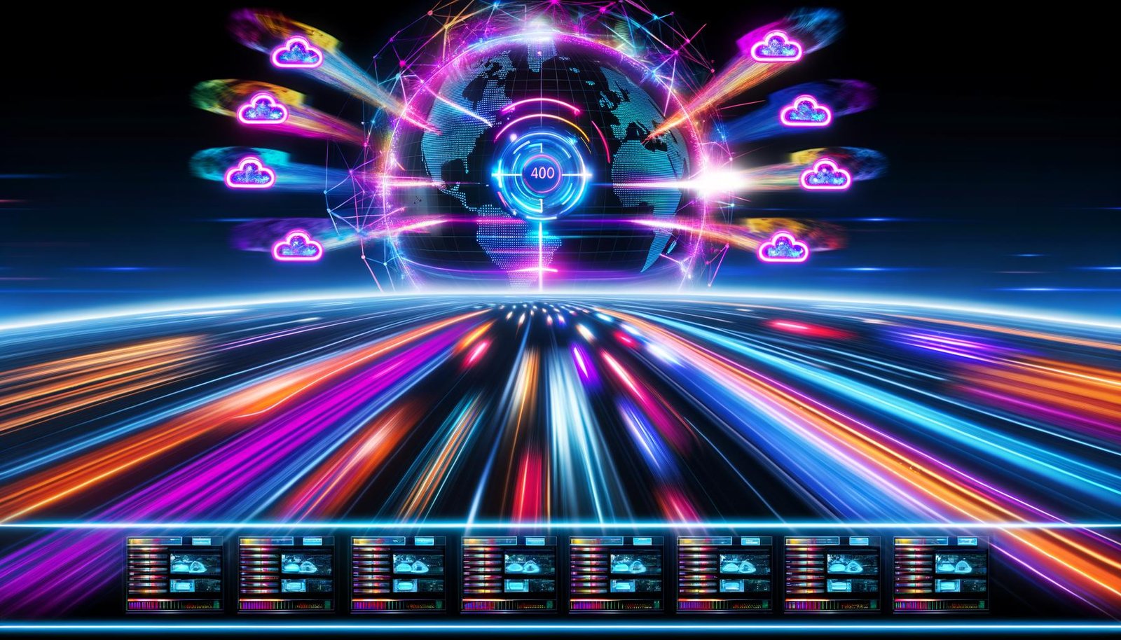 Futuristische digitale Datenautobahn mit leuchtenden Datenströmen, vernetztem Kontrollzentrum und globalen Nutzern auf unterschiedlichen Geräten; Symbol für moderne Content Delivery und Sicherheit.