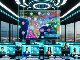 Futuristischer Logistik-Kontrollraum mit digitalem Dashboard, Live-Datenstreams und diversen Fachleuten, die eine KI-optimierte Routenplanung am Touchscreen analysieren.