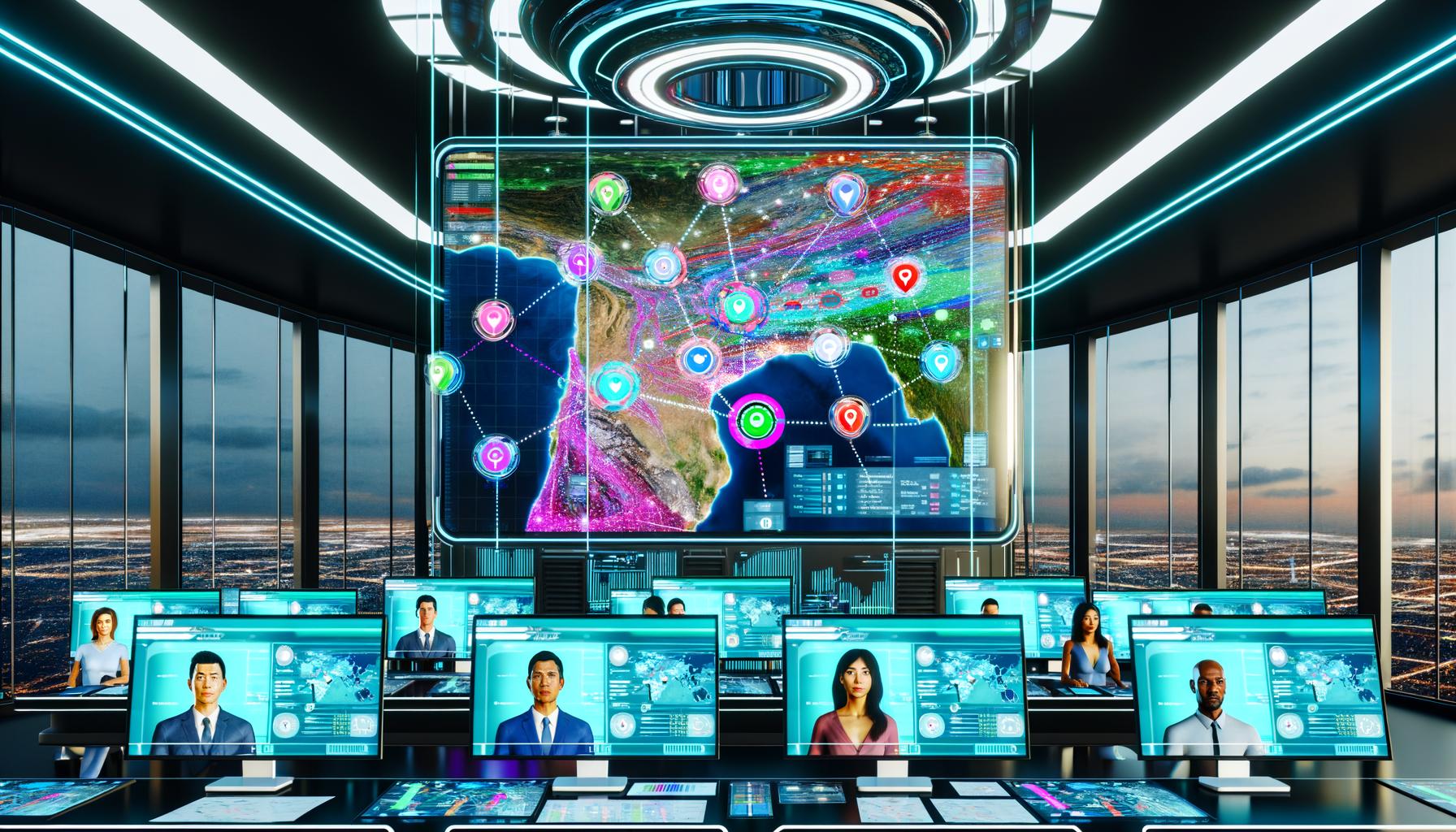 Futuristischer Logistik-Kontrollraum mit digitalem Dashboard, Live-Datenstreams und diversen Fachleuten, die eine KI-optimierte Routenplanung am Touchscreen analysieren.