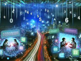 Zwei konkurrierende Tech-Teams vor digitalen Werbetafeln und chaotischer Web-Datenlandschaft bei Nacht