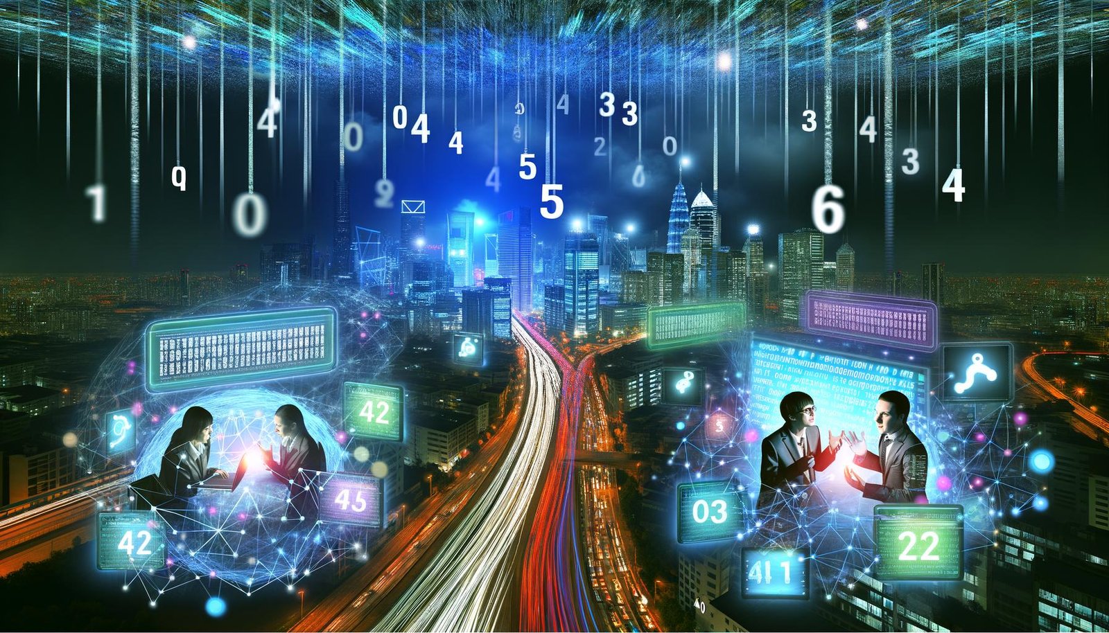 Zwei konkurrierende Tech-Teams vor digitalen Werbetafeln und chaotischer Web-Datenlandschaft bei Nacht