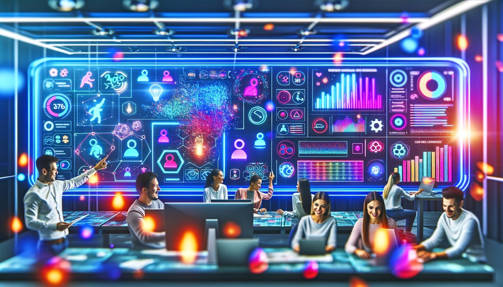 Diverse Marketer und Data Scientists vor leuchtenden Bildschirmen mit Heatmaps, Echtzeit-Analysen und KI-Overlays in einer modernen digitalen Arbeitsumgebung