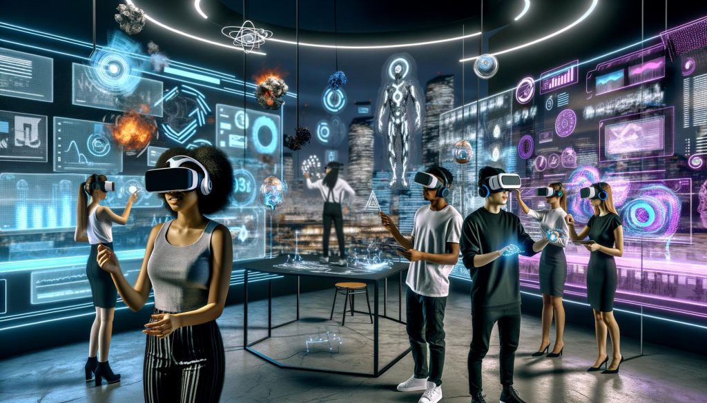 Junge Kreative mit VR- und AR-Headsets arbeiten in einem futuristischen Raum mit Hologrammen, Markenlogos und digitalen Analytics-Dashboards.