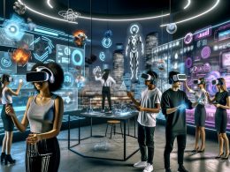 Junge Kreative mit VR- und AR-Headsets arbeiten in einem futuristischen Raum mit Hologrammen, Markenlogos und digitalen Analytics-Dashboards.