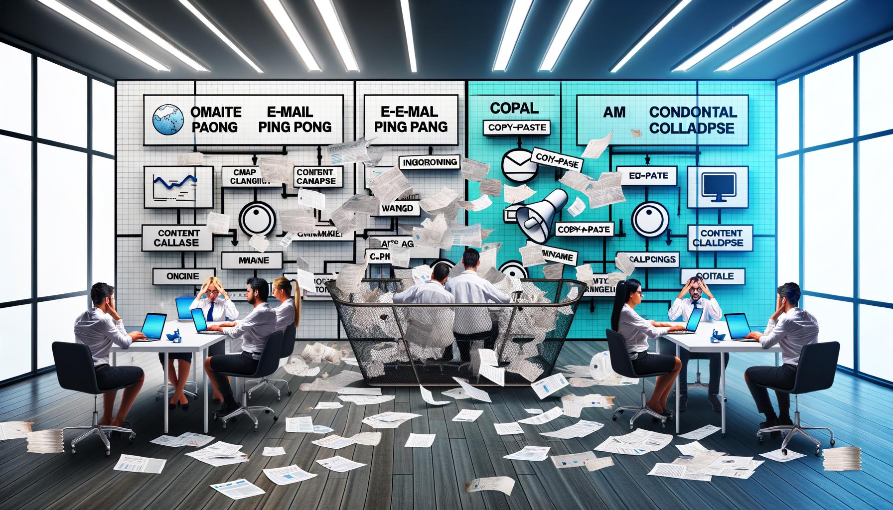 Stressige Marketingmitarbeiter vor chaotischen Whiteboards und Papierstapeln, daneben ein effizientes digitales Dashboard mit automatisierten Workflows und Datenströmen zu digitalen Kanälen.