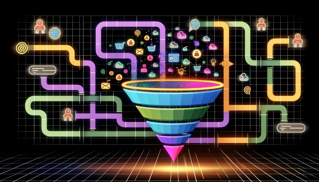 Futuristische Illustration einer User-Journey als bunter, labyrinthartiger Funnel mit leuchtenden Datenströmen, KI-Symbolen, Warenkörben, Formularen und Heatmaps.
