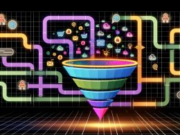 Futuristische Illustration einer User-Journey als bunter, labyrinthartiger Funnel mit leuchtenden Datenströmen, KI-Symbolen, Warenkörben, Formularen und Heatmaps.