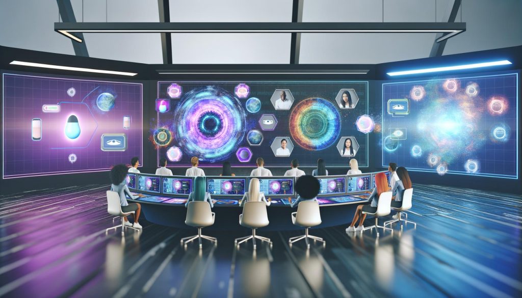 Digitales Marketing der Zukunft mit Team an holografischer Steuerkonsole, interaktiven AR/VR-Werbeanwendungen, visualisierten Datenströmen, Datenschutz-Interfaces und beleuchteter City-Skyline mit 3D-Anzeigen.