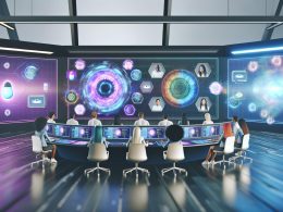 Digitales Marketing der Zukunft mit Team an holografischer Steuerkonsole, interaktiven AR/VR-Werbeanwendungen, visualisierten Datenströmen, Datenschutz-Interfaces und beleuchteter City-Skyline mit 3D-Anzeigen.