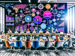 Dynamischer Startup-Bürobereich mit Data Engineers und Marketers am großen Arbeitstisch, bunten Datenströmen und innovativen Infografiken auf Monitoren, dazu ein Whiteboard mit Datenpipeline-Flowchart.