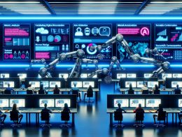 Futuristisches Büro mit Content Creators, automatisierter Inhaltsverteilung auf mehrere digitale Plattformen und Roboterarmen, die effiziente Arbeitsprozesse darstellen.