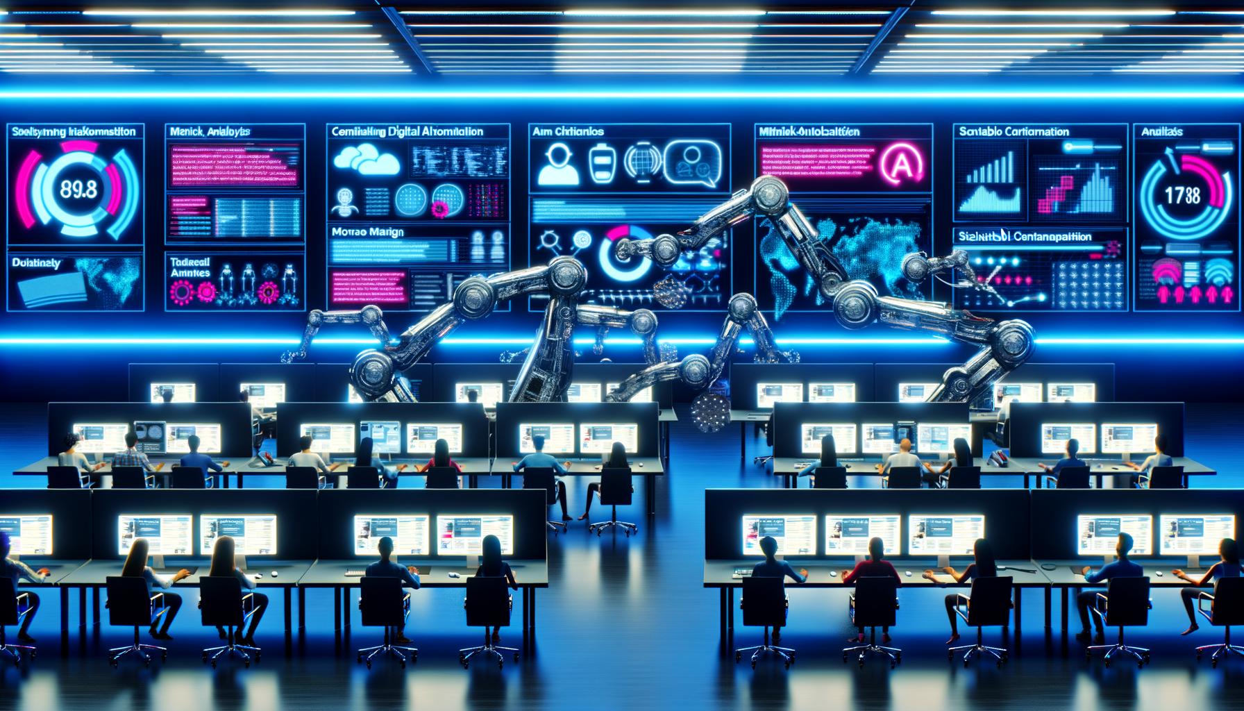Futuristisches Büro mit Content Creators, automatisierter Inhaltsverteilung auf mehrere digitale Plattformen und Roboterarmen, die effiziente Arbeitsprozesse darstellen.