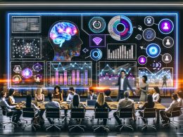 Futuristisches Büro mit interaktivem KI-Dashboard, auf dem Marketer bunte Echtzeitdiagramme und Datenströme zwischen verschiedenen Marketingkanälen analysieren.