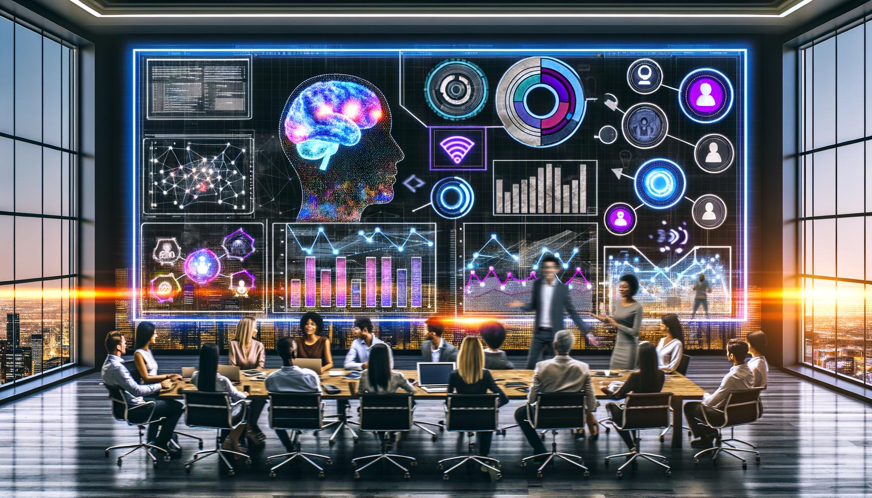 Futuristisches Büro mit interaktivem KI-Dashboard, auf dem Marketer bunte Echtzeitdiagramme und Datenströme zwischen verschiedenen Marketingkanälen analysieren.