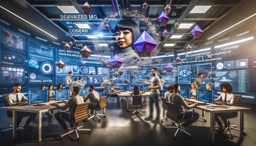 Hightech-Büro mit digitalen Displays und 3D-Hologrammen, kreative Teams arbeiten an futuristischer Werbekampagne mit AR-Interface und Echtzeit-Datenanalyse.