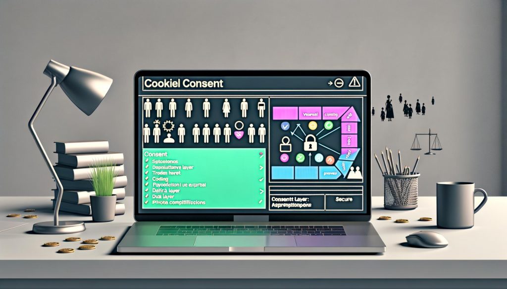 Laptop auf einem modernen Schreibtisch mit Cookie-Consent-Banner, Einstellungen für Tracking, technischem Flowchart und Regulierungs-Symbolen im Hintergrund, die Datenschutz-Compliance visualisieren.