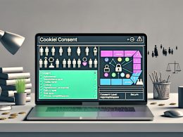 Laptop auf einem modernen Schreibtisch mit Cookie-Consent-Banner, Einstellungen für Tracking, technischem Flowchart und Regulierungs-Symbolen im Hintergrund, die Datenschutz-Compliance visualisieren.