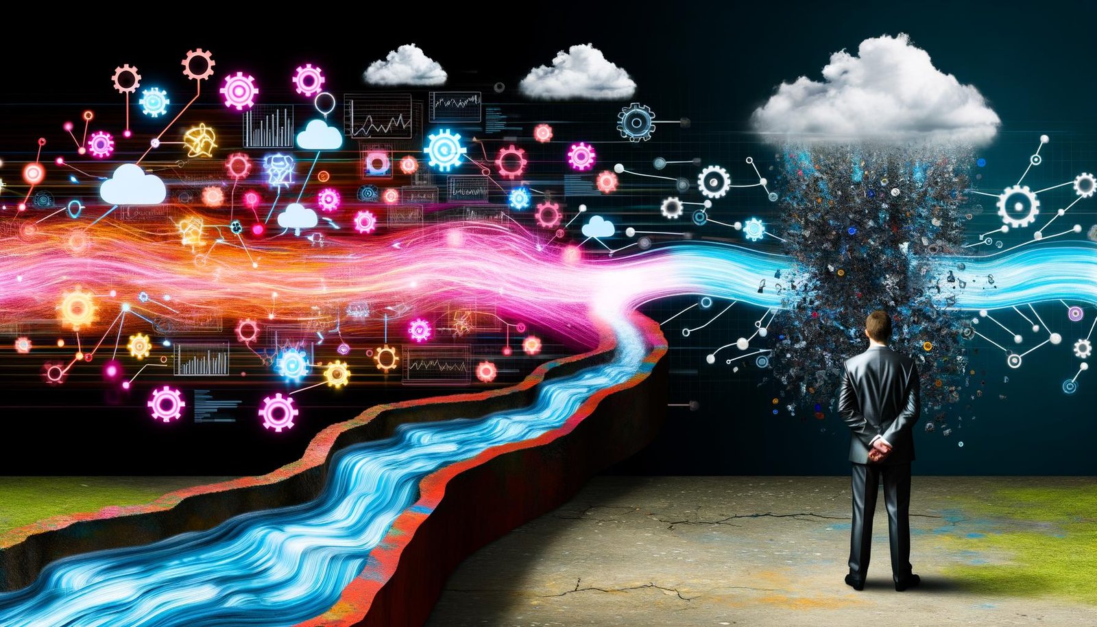 Titelbild zeigt eine abstrahierte Datenpipeline mit leuchtenden Flüssen, Zahnrädern und Cloud-Icons, farbigen Dashboards im Hintergrund und einem kritischen Analysten mit rosa Brille neben Daten, die in Fehlermeldungen stürzen.