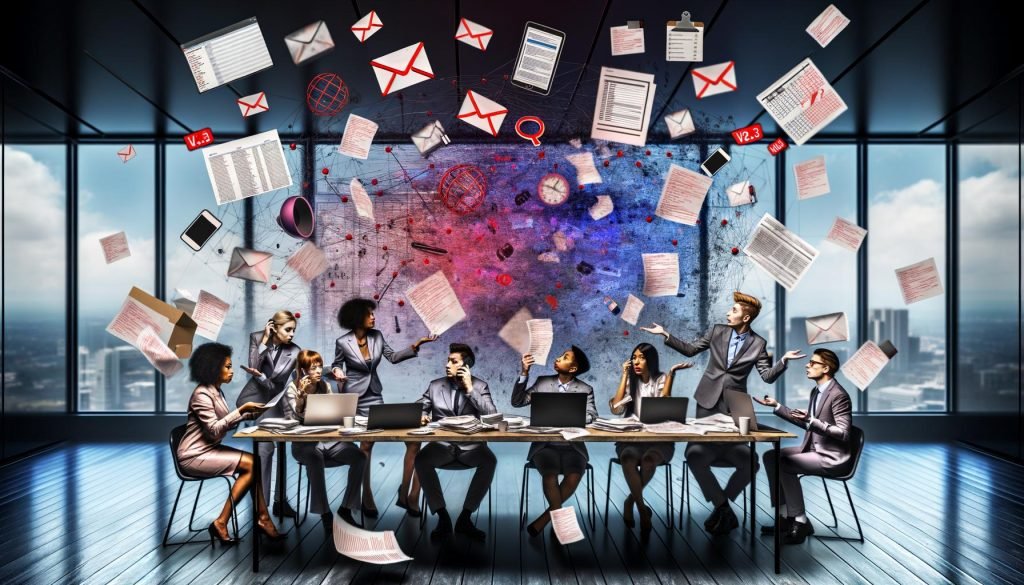 Gestresstes Marketingteam im Büro, umgeben von Laptops, Papierstapeln, Post-Its und digitalen Chaos-Symbolen mit sichtbarer Frustration