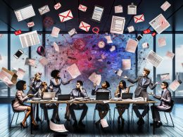 Gestresstes Marketingteam im Büro, umgeben von Laptops, Papierstapeln, Post-Its und digitalen Chaos-Symbolen mit sichtbarer Frustration