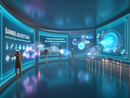 Futuristischer digitaler Raum mit unsichtbarer Bannerwerbung und schwebenden, dynamischen Werbeelementen, in dem Menschen mittels AR- und VR-Brillen durch interaktive 3D-Landschaften navigieren.