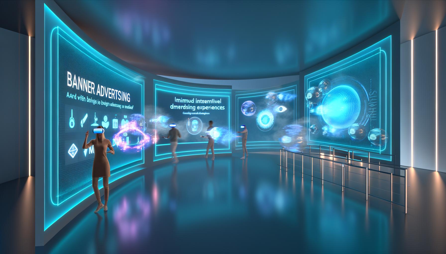 Futuristischer digitaler Raum mit unsichtbarer Bannerwerbung und schwebenden, dynamischen Werbeelementen, in dem Menschen mittels AR- und VR-Brillen durch interaktive 3D-Landschaften navigieren.