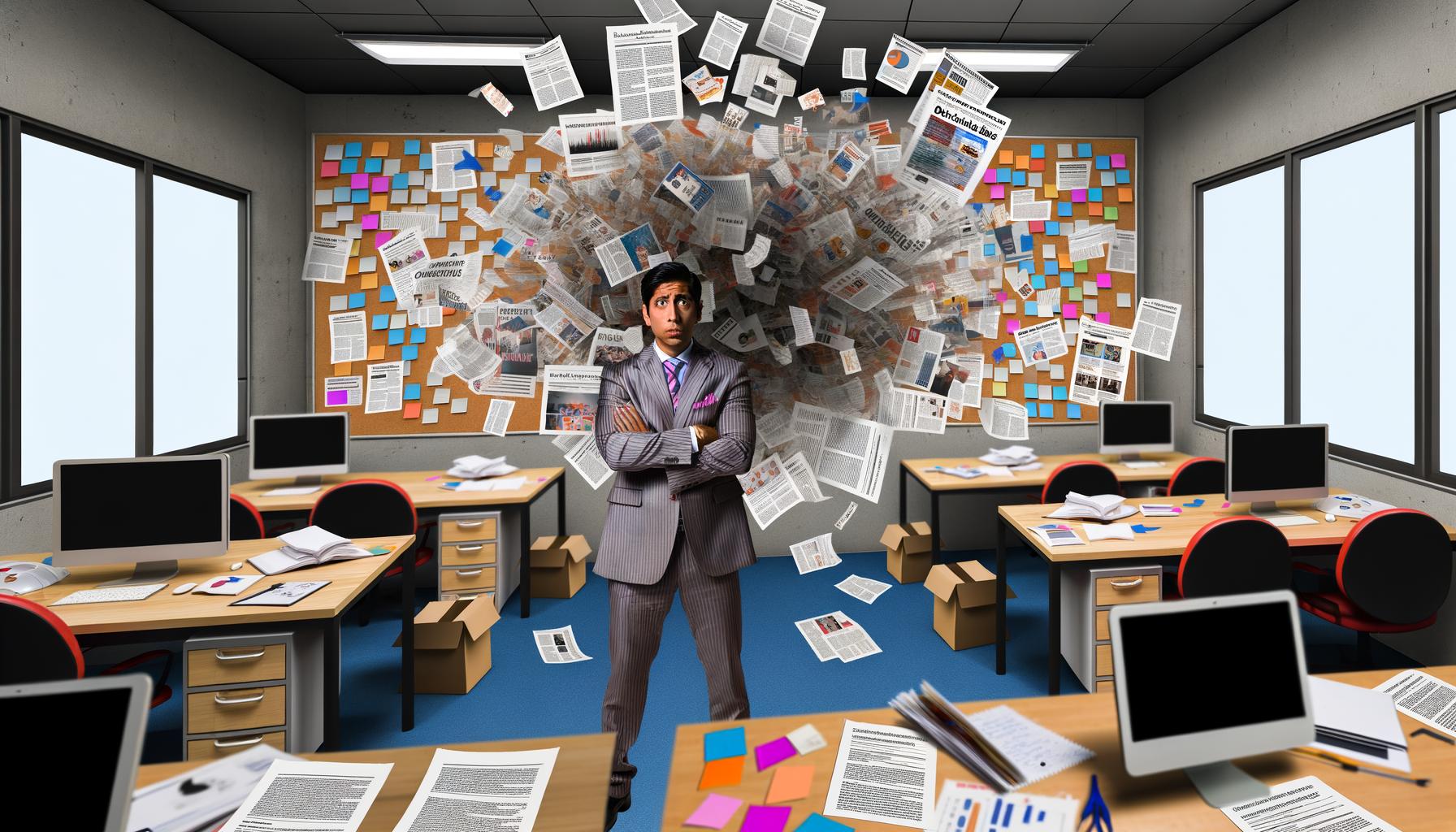 Frustrierter Marketer inmitten eines unorganisierten Büros mit verstreuten Dokumenten, digitalen Geräten und kreativer Unordnung