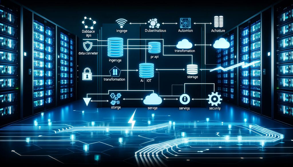 Dynamischer, futuristischer Serverraum mit leuchtenden Datenströmen, modularen Data Pipeline Schichten und Symbolen für Monitoring, Automatisierung und Security vor blauem Hintergrund.