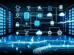 Dynamischer, futuristischer Serverraum mit leuchtenden Datenströmen, modularen Data Pipeline Schichten und Symbolen für Monitoring, Automatisierung und Security vor blauem Hintergrund.