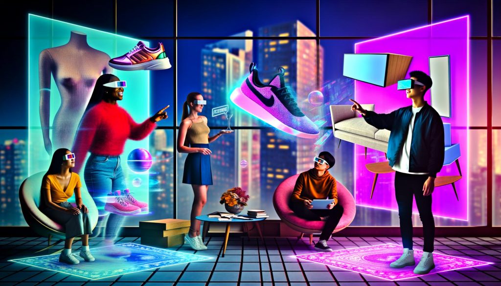 Junge Menschen tragen AR-Brillen und bedienen schwebende 3D-Produkte inmitten leuchtender holografischer Werbung in einer modernen, urbanen Umgebung.