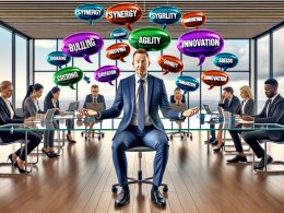 Manager jongliert bunte Buzzwords an einem Glastisch, frustrierte Mitarbeiter im Großraumbüro, LinkedIn-Profil als 'Chief Bullshit Officer' auf Bildschirm