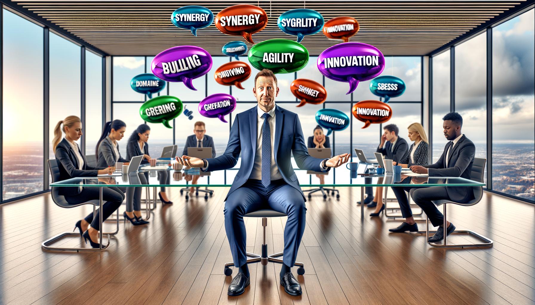 Manager jongliert bunte Buzzwords an einem Glastisch, frustrierte Mitarbeiter im Großraumbüro, LinkedIn-Profil als 'Chief Bullshit Officer' auf Bildschirm