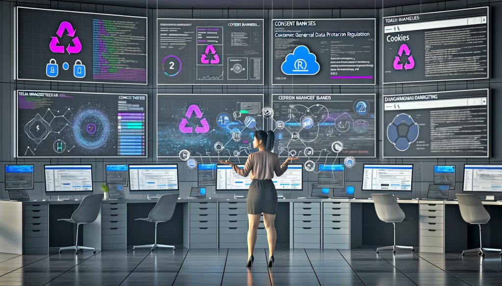 Modernes Büro mit mehreren Bildschirmen, die komplexe Analysen, Consent-Banner und Tag Manager zeigen. Eine Person jongliert Computer-Code, Gesetzestexte zu Datenschutz und Marketing-Dashboards – High-Tech-Look, angespannte Atmosphäre.