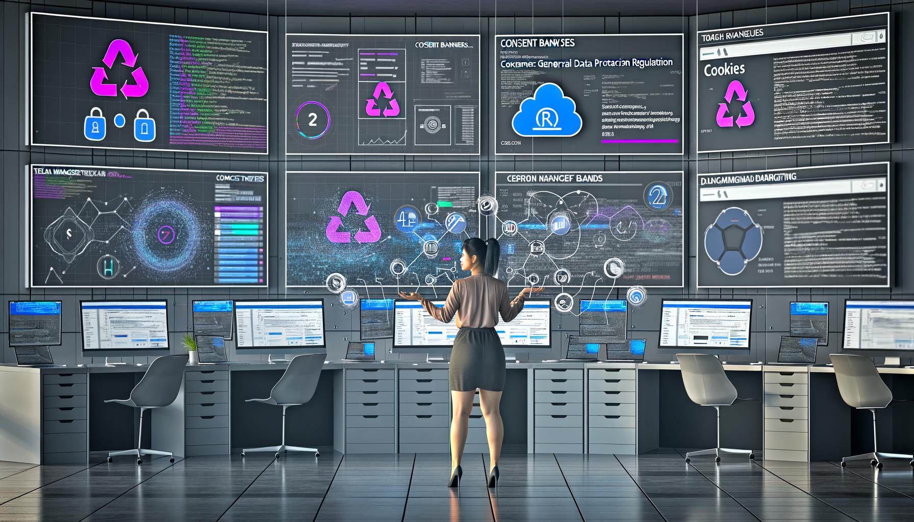 Modernes Büro mit mehreren Bildschirmen, die komplexe Analysen, Consent-Banner und Tag Manager zeigen. Eine Person jongliert Computer-Code, Gesetzestexte zu Datenschutz und Marketing-Dashboards – High-Tech-Look, angespannte Atmosphäre.