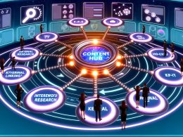 Futuristisches Kontrollzentrum als Content Hub mit zentralem leuchtendem Dashboard, verbunden mit Bildschirmen zu SEO-Themen wie Keyword-Recherche und KPIs, umgeben von Fachleuten und Google-Branding.