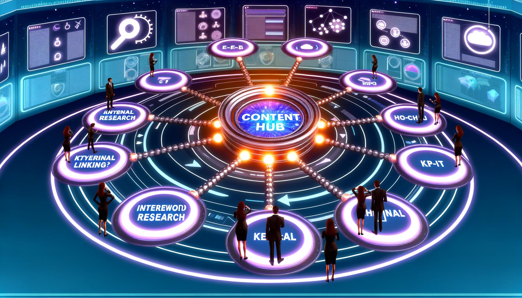 Futuristisches Kontrollzentrum als Content Hub mit zentralem leuchtendem Dashboard, verbunden mit Bildschirmen zu SEO-Themen wie Keyword-Recherche und KPIs, umgeben von Fachleuten und Google-Branding.