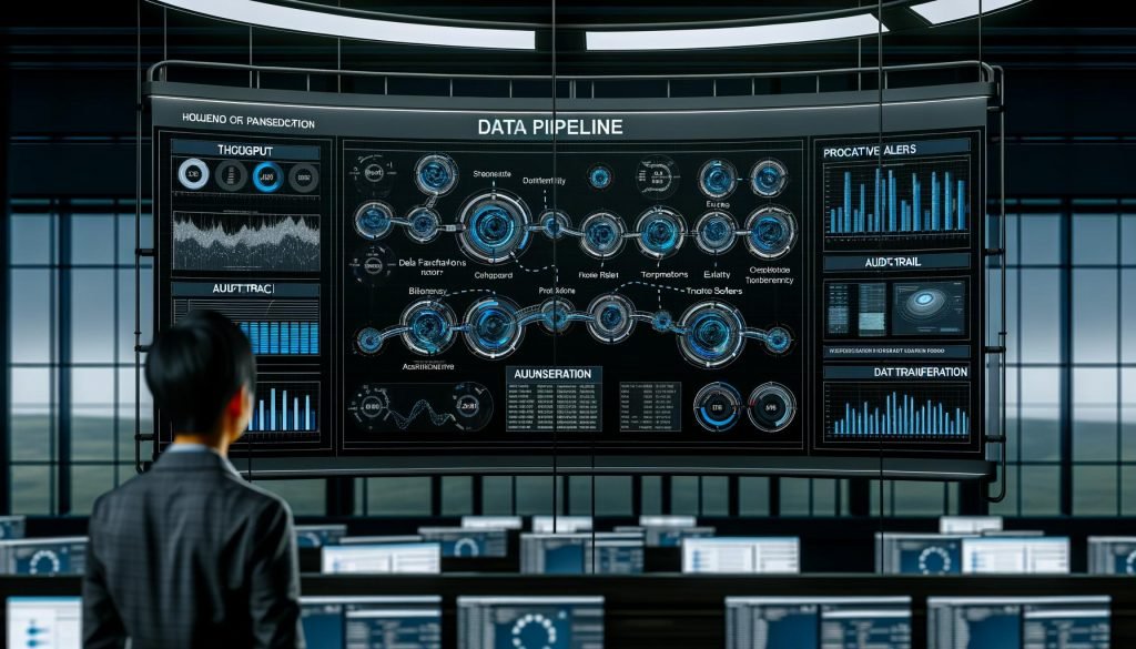 Data Pipeline Dashboard im Dark Mode mit Echtzeit-Grafiken, KPIs und Datenflussvisualisierung, überwacht von einem Operator in modernem Großraumbüro.