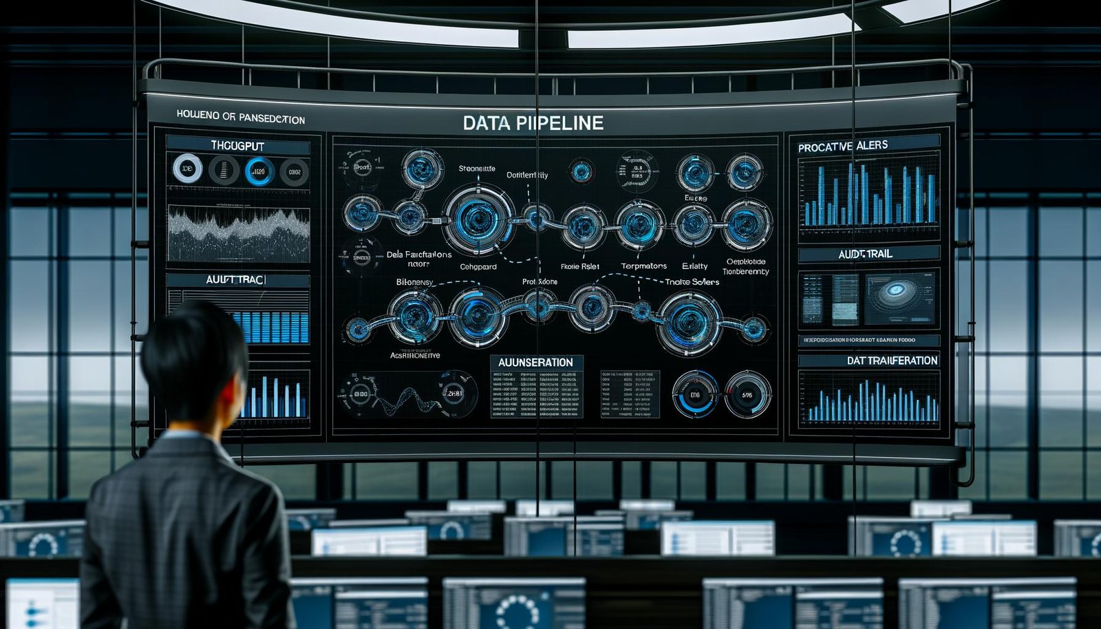 Data Pipeline Dashboard im Dark Mode mit Echtzeit-Grafiken, KPIs und Datenflussvisualisierung, überwacht von einem Operator in modernem Großraumbüro.