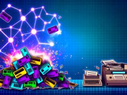 Illustration von aufgerissenen alten Treuekarten, Barcodes und Mitgliedsausweisen, aus denen farbige Blockchain-Elemente wie Token und Netzwerke aufsteigen. Im Hintergrund leuchten geometrische LED-Formen, Bürogeräte wie Fax und Registrierkasse verschwinden im Schatten.
