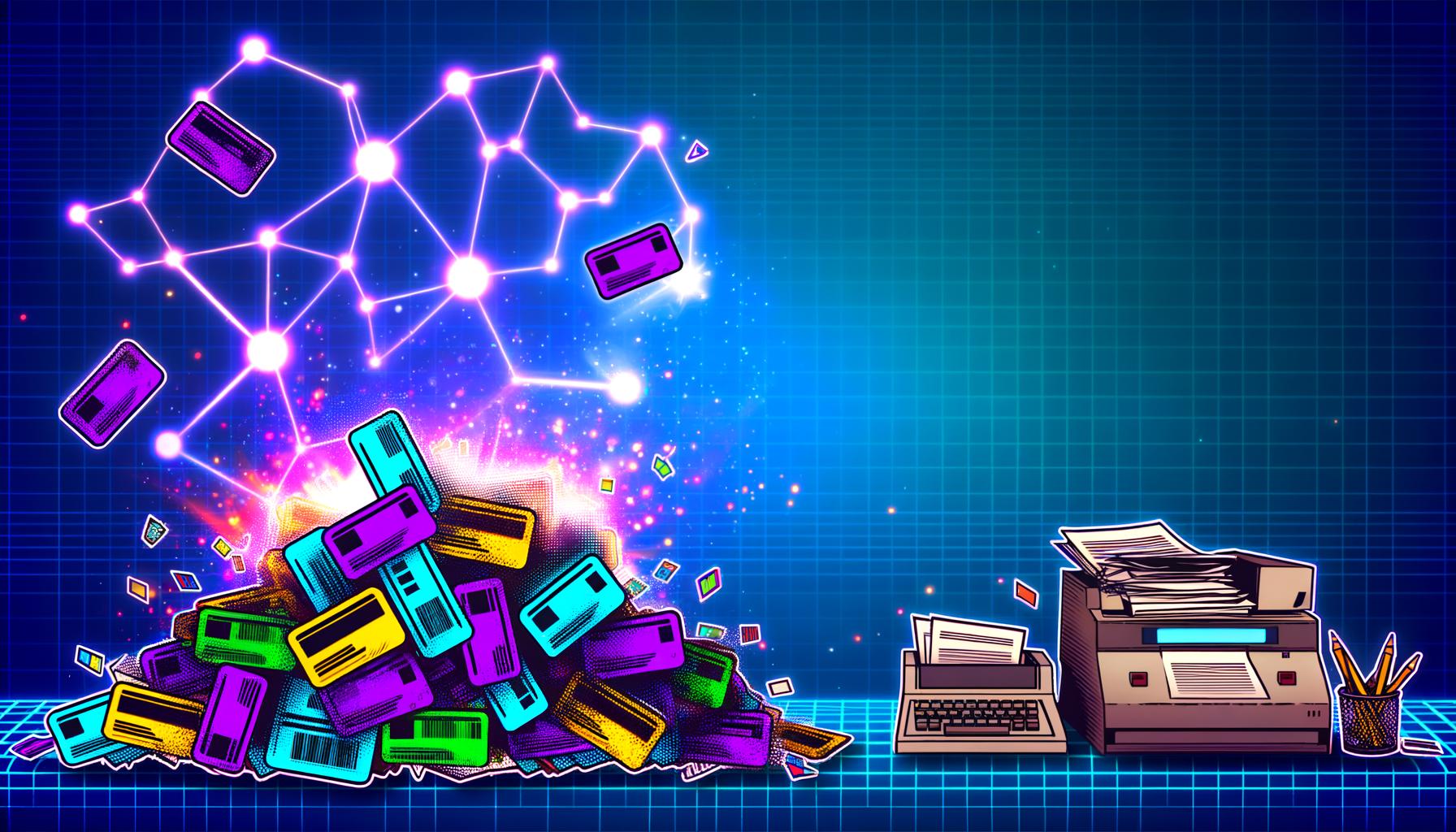 Illustration von aufgerissenen alten Treuekarten, Barcodes und Mitgliedsausweisen, aus denen farbige Blockchain-Elemente wie Token und Netzwerke aufsteigen. Im Hintergrund leuchten geometrische LED-Formen, Bürogeräte wie Fax und Registrierkasse verschwinden im Schatten.